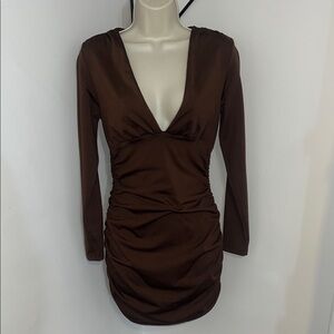SHEIN Chocolate Long Sleeve V-Neck Dress